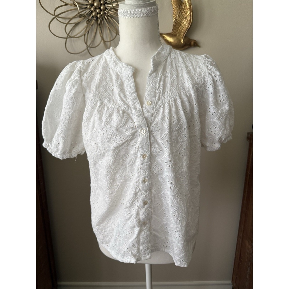 Artelier Nicole Miller Eyelet Blouse Womens Small White Cotton Puff Sleeve